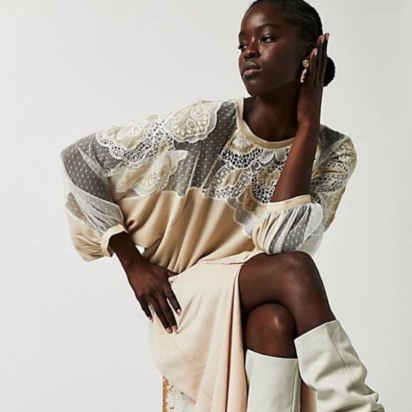 Free People Toni Boho Tunic Beige Lace Thermal Flowy Oversized Top Size Small - Picture 8 of 12